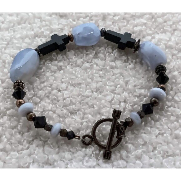 Artisan Sterling Silver Blue Lace Agate & Black Onyx Cross Bracelet 7.5 in - Picture 4 of 11